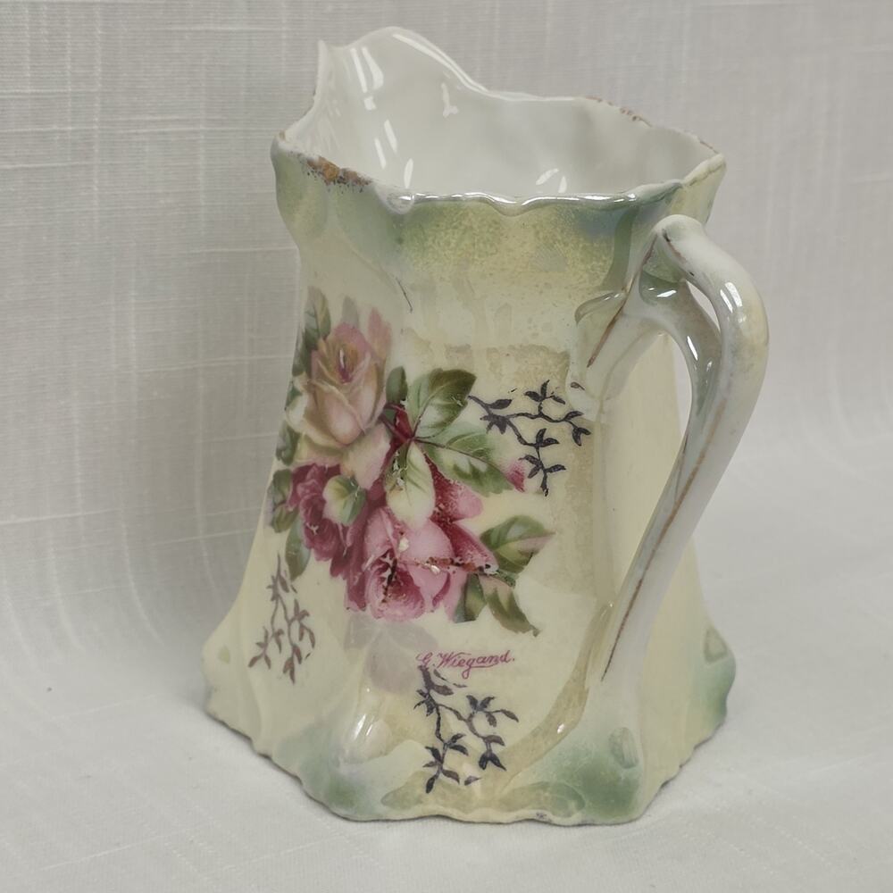 Vintage Floral Ceramic Pitcher Creamer Vase Pink Roses Scallop Rim Gold Trim 4in